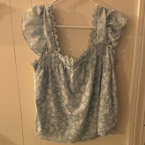 Blu Pepper Light Turquoise Floral Shirt with Crocheted Lace Trim